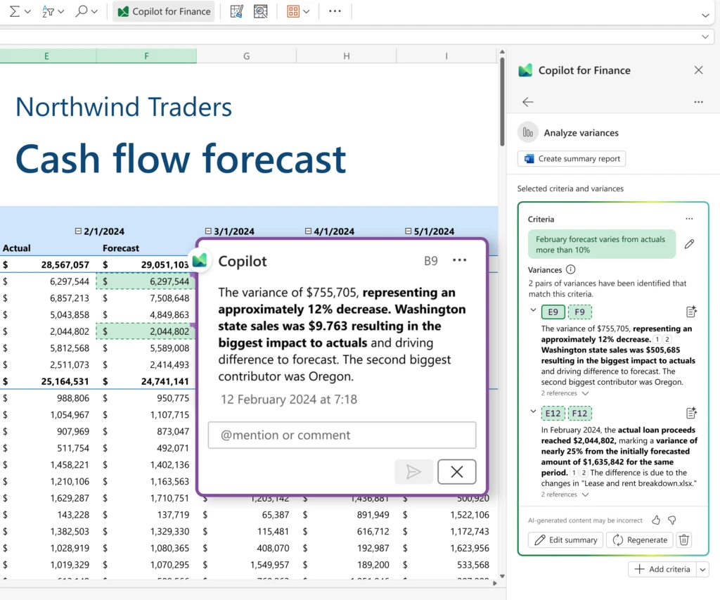 Copilot for Finance Variance Analysis details and recommendations 