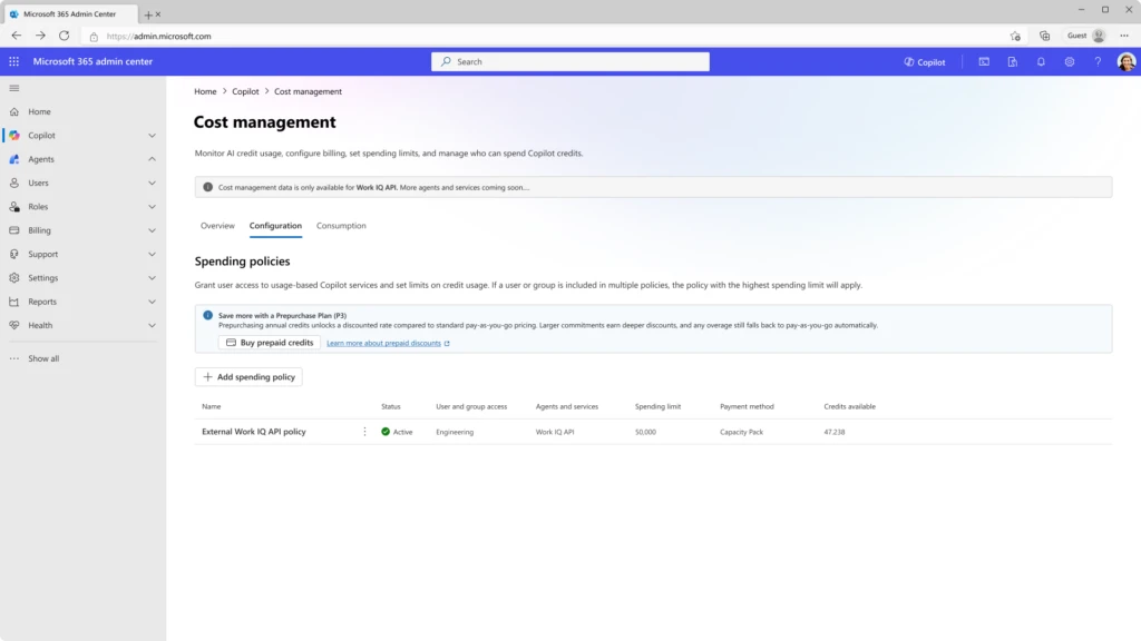 The image displays a dashboard interface for managing Copilot credits, including configuration settings for billing, spending limits, and user access permissions.

AI-generated content may be incorrect.