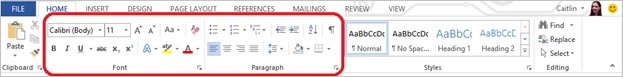 Settings impacted by Style Set changes Screenshot of the home tab with the font and paragraph settings highlighted
