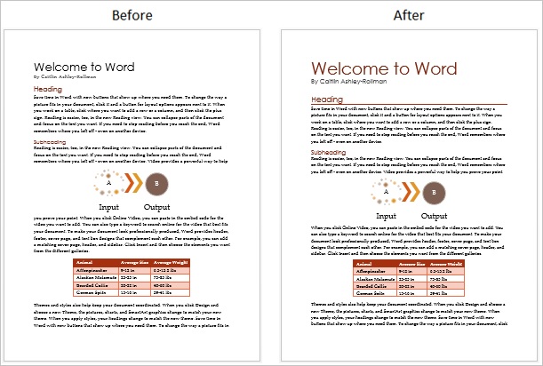 Before and after a theme color change Screenshot of a document before and after a theme color change