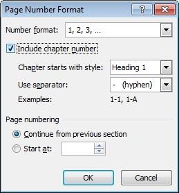 Chapter number settins in the Page Number Format dialog box Chapter number settins in the Page Number Format dialog box