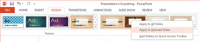 VariantsUI2660 PPT Design menu with "apply to selected slides" highlighted