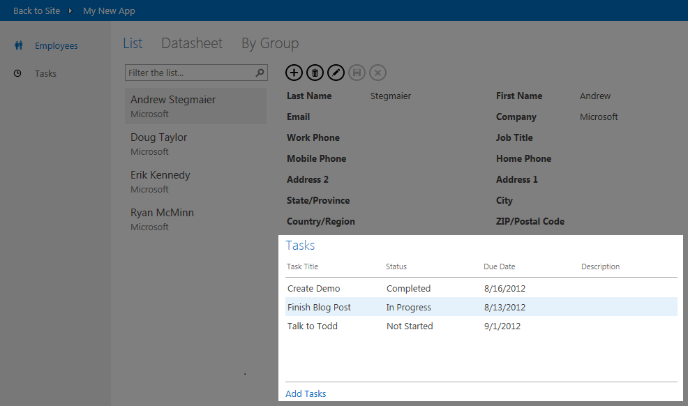 The related items control displays the Tasks assigned to an Employee. The related items control displays the Tasks assigned to an Employee.