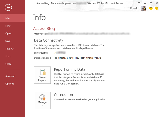 The backstage view of a database in Access will give you the information you need to connect to the back-end SQL database.