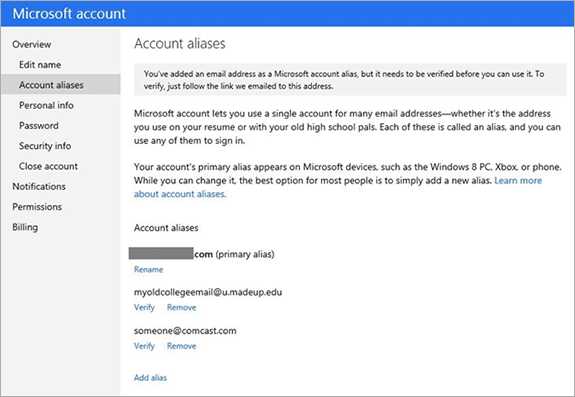 Account aliases window