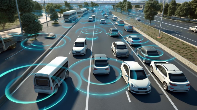 Digital image of vehicles on road with depiction of automatic safe distance keeping