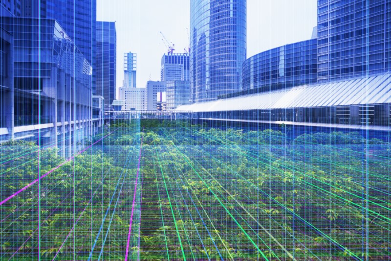 View of data network between modern buildings