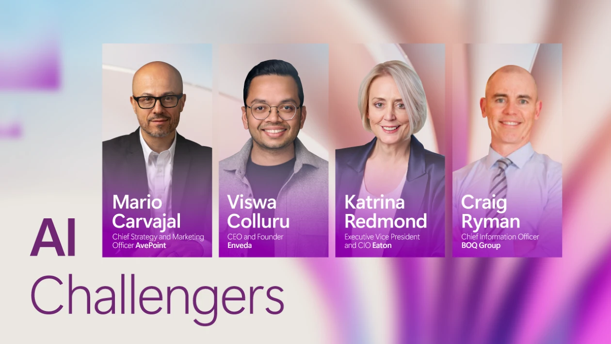 A decorative graphic with four headshots of business leaders on a purple and orange background with the text AI Challengers on the bottom left