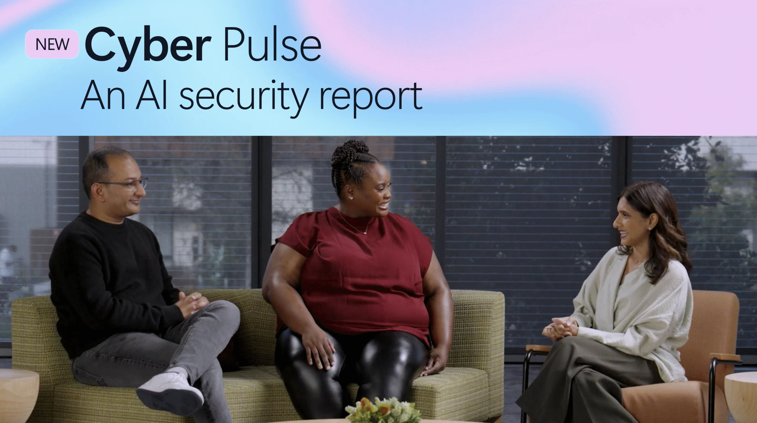 Abstract background with the text Cyber Pulse An AI security report and an image of three people sitting and talking