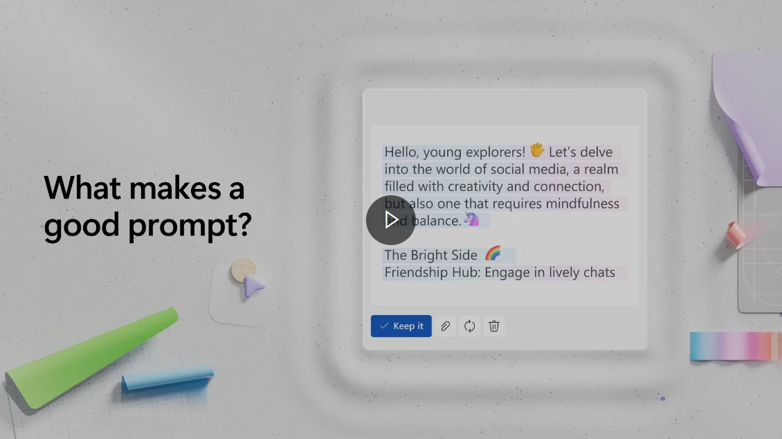 A decorative prompt video for Microsoft Copilot that reads What makes a good prompt?