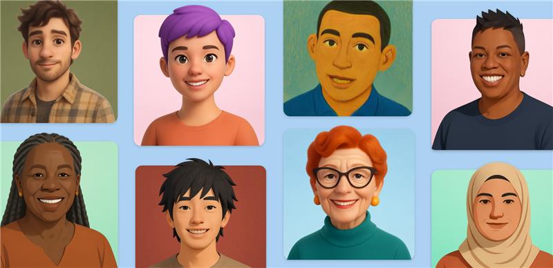 Eight illustrated diverse faces across multicolored boxes