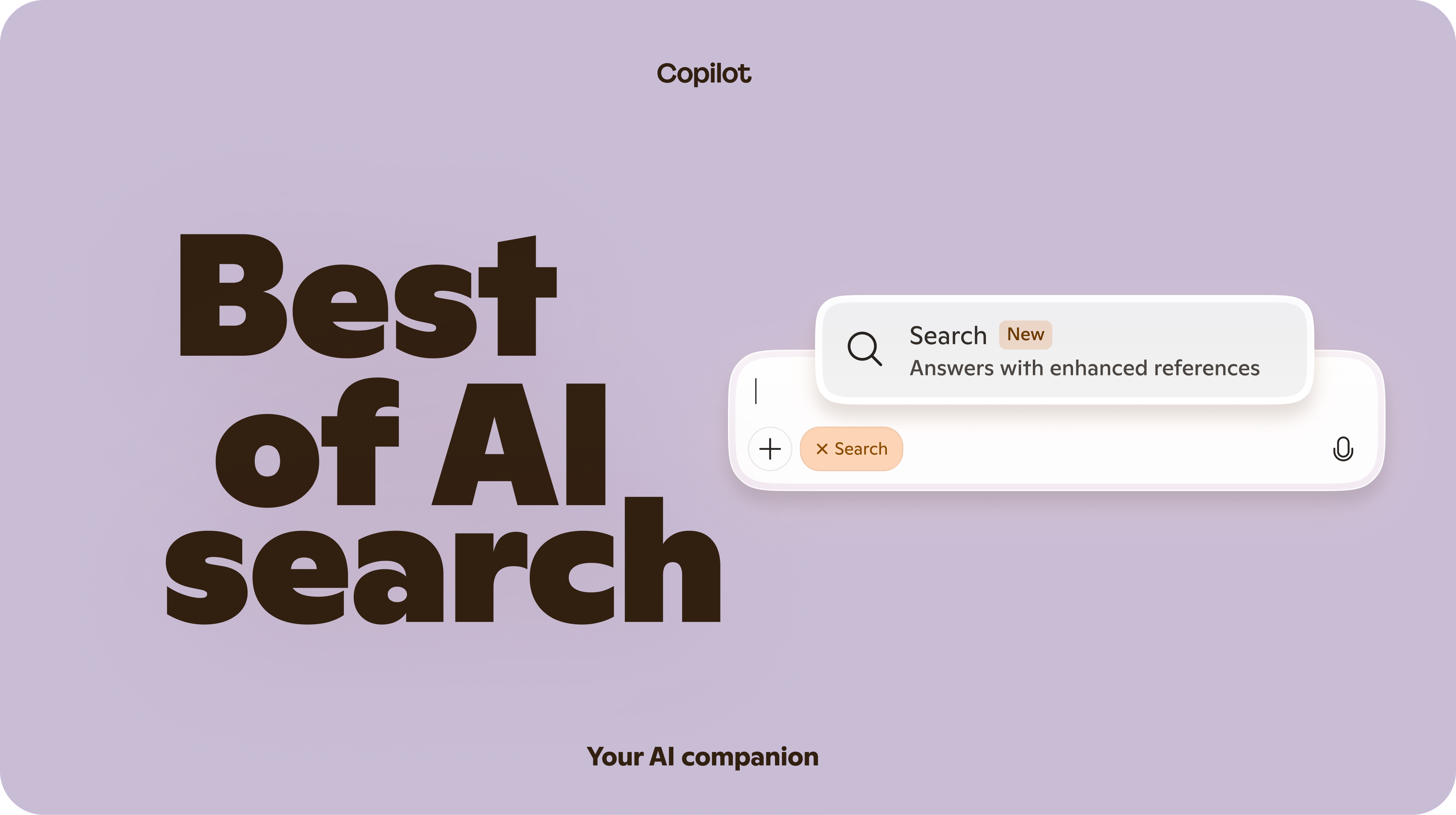 Brown block text that says Best of AI search next to two search bar UI examples on a light lavender background