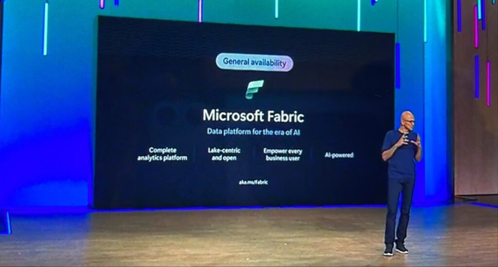Microsoft CEO Satya Nadella on the Ignite main stage announcing the general availability of Ignite.