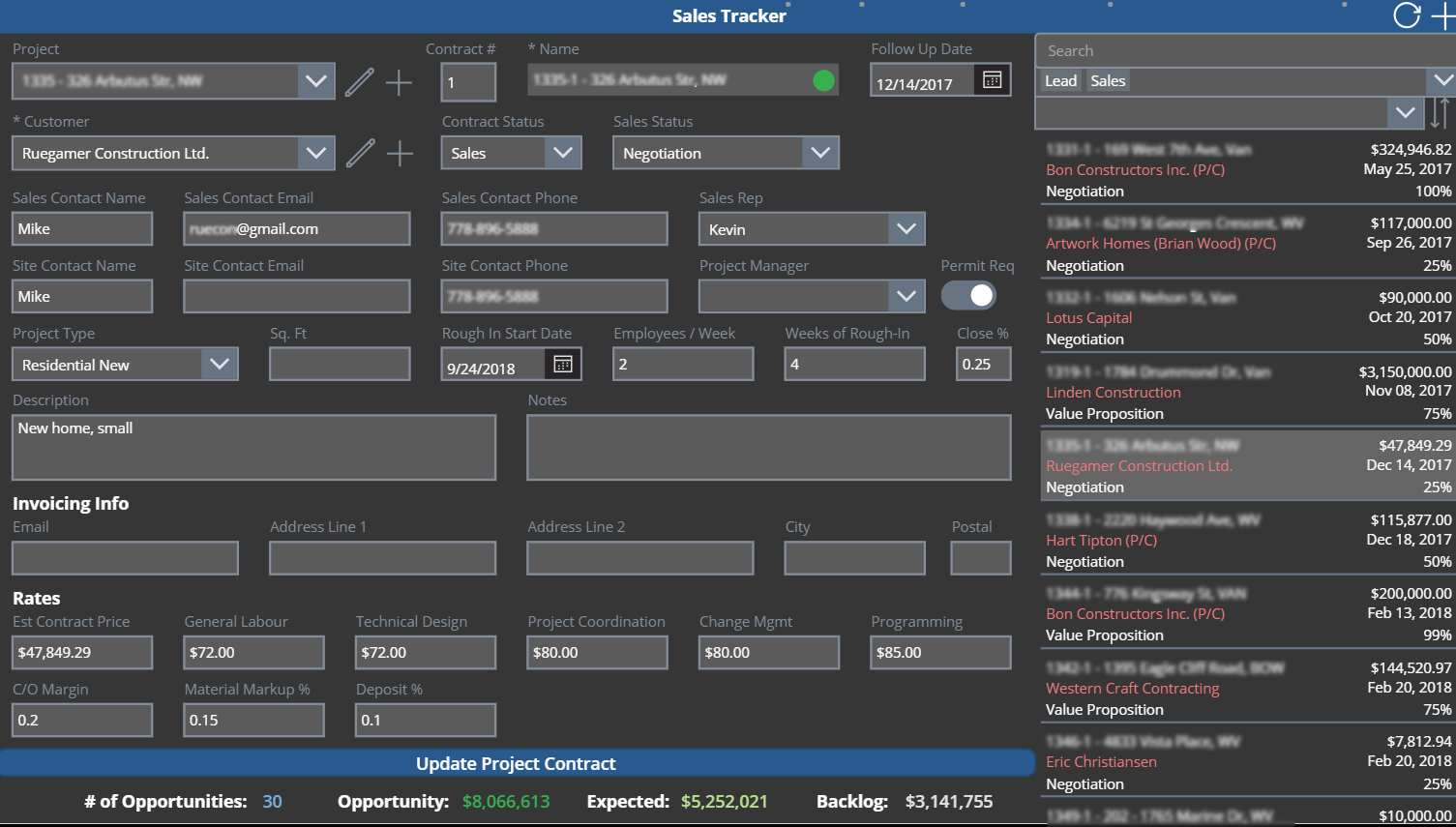 Sales tracker app screenshot