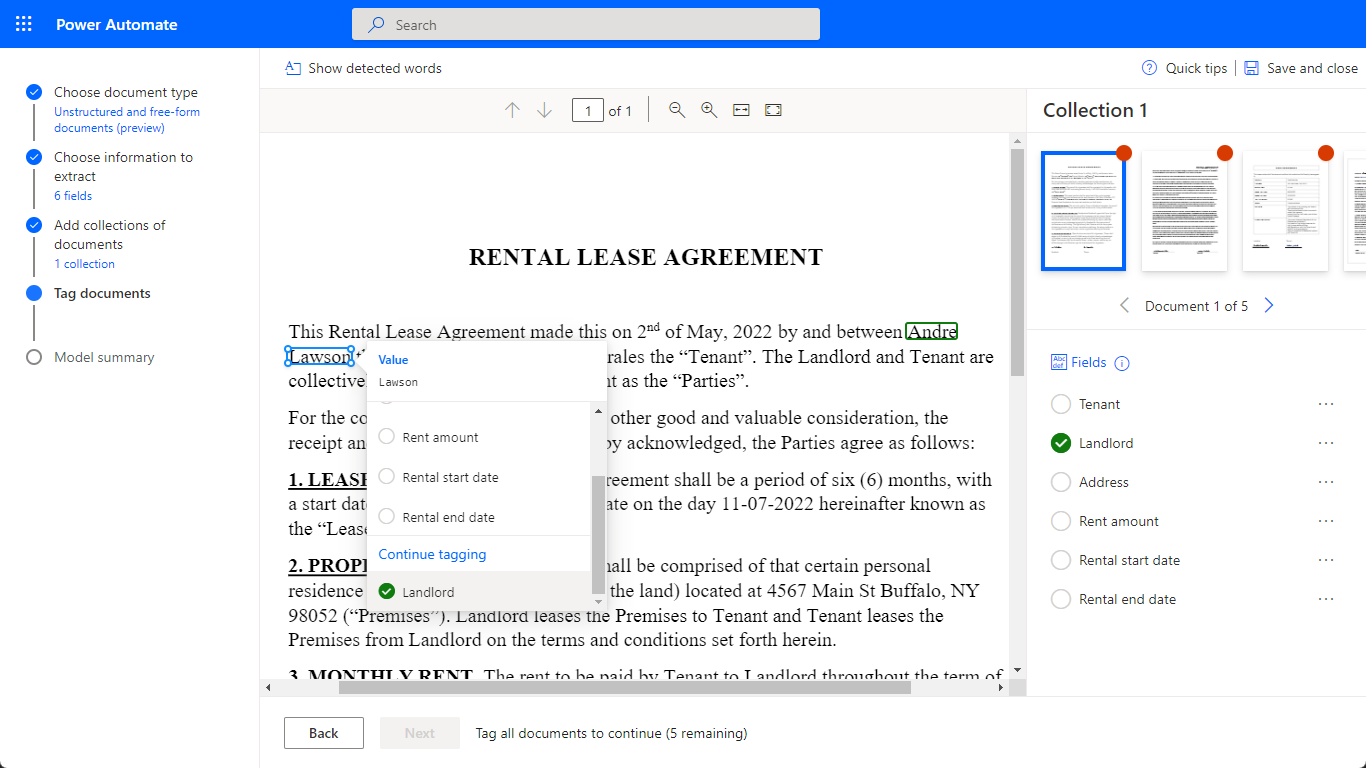 A screenshot of the training wizard to tag the uploaded documents