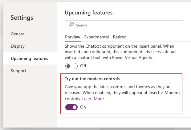 Settings dialog to enable modern controls feature