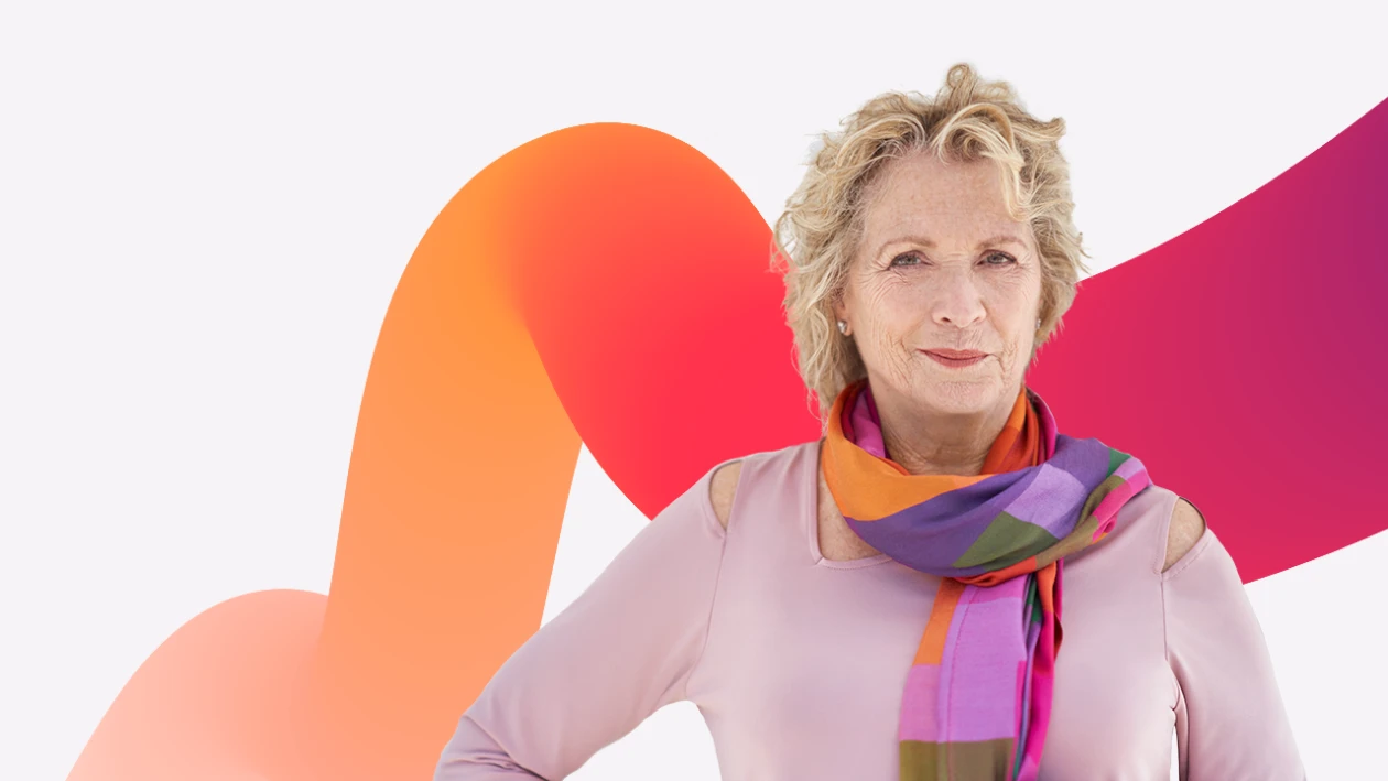 Portrait of a woman, with an orange and magenta squiggly graphic design in the background