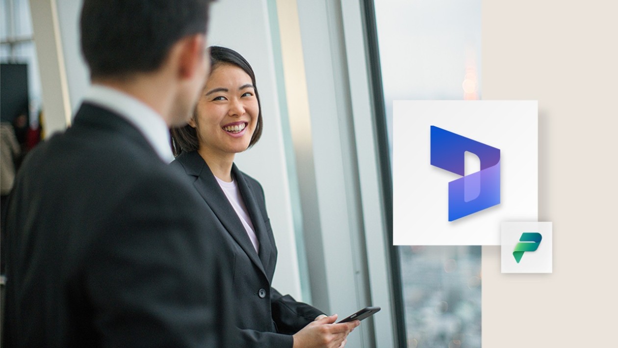A woman looking at a man in a corporate setting. The image includes the Dynamics 365 logo and the Power Platform logo