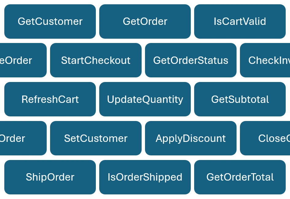 Set of function names for a possible order entry system, including GetOrder, OrderTotal, SetCustomer, and other function names