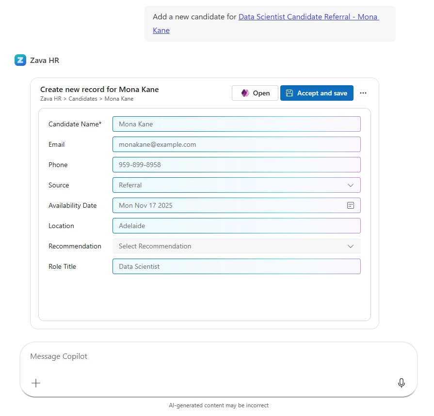 Copilot displays a model-driven app form to create a new candidate record with fields automatically prefilled from conversation context.