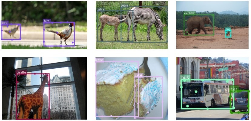 RepPoints distributions and object detection results. Without explicit supervision, RepPoints identify and learn both extreme and key semantic points of objects accurately when objects are out of focus in an image (upper left), objects overlap (upper middle), objects vary in size (upper right), and object boundaries are, for various reasons, ambiguous (bottom row).