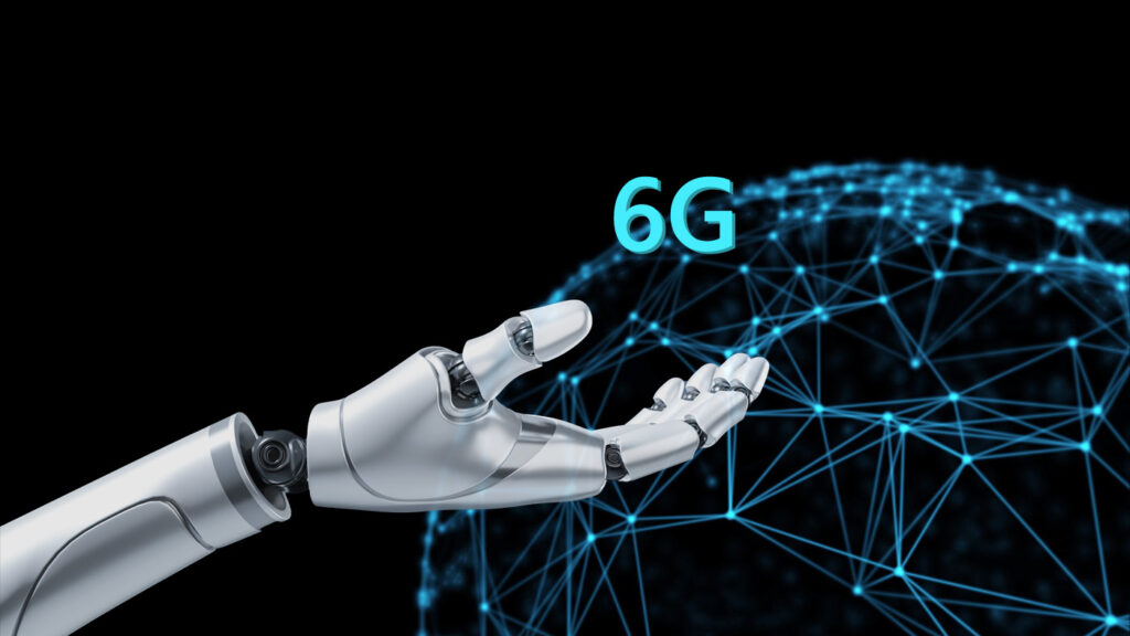 space 6G - connected network nodes around a globe overlaid with '6G' hovering above an extended AI robotic hand