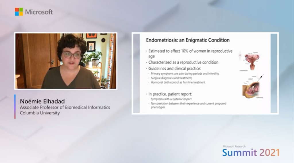 Noémie Elhadad giving a research talk on CitizenEndo: Patient-centered endometriosis research Oct 19, 2021 at Microsoft Research Summit 2021