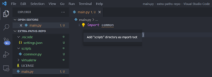 A piece of python code in a VS Code editor with a light bulb next to an unresolved import. A text box gives the tip