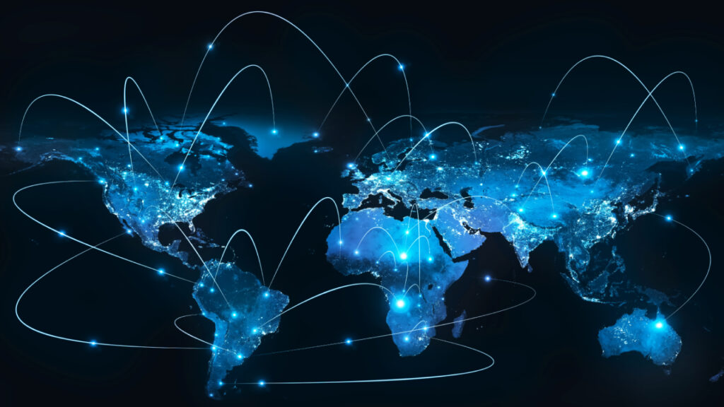 a global map with networked hotspots connected by thin lines on a black background