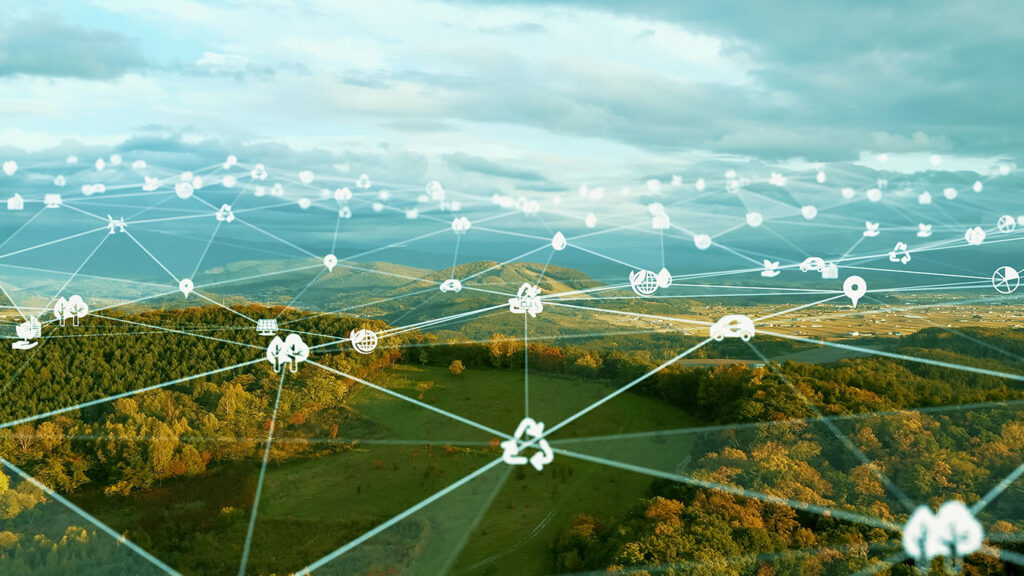 Space 6G - SatSense - photo of a vast landscape with a networked natural icon overlay