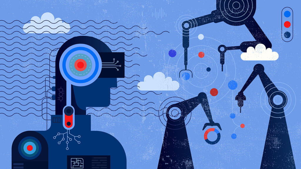 space connections 6G - AI for networking; illustration of Ai controlling robotic arms 