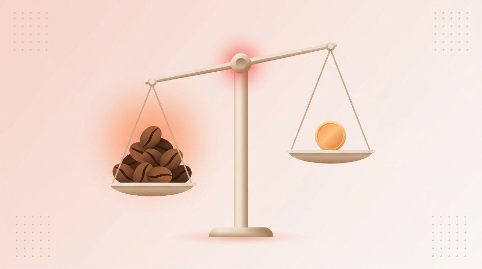 An illustration showing a scale with coffee beans weighing heavier that gold.