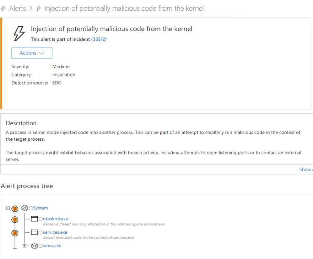 Microsoft Defender ATP kernel-initiating code injection alert.