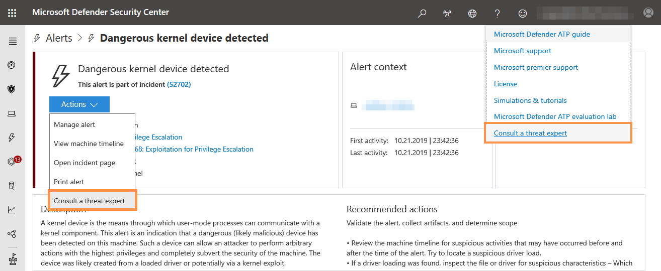 Screenshot of how to consult a threat expert
