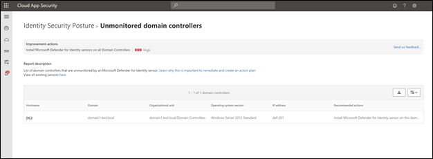 Screenshot of Microsoft Cloud App security showing unmonitored domain controllers