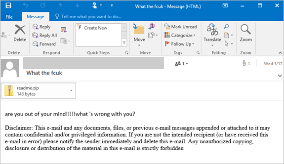 Screenshot of email related to LemonDuck attack