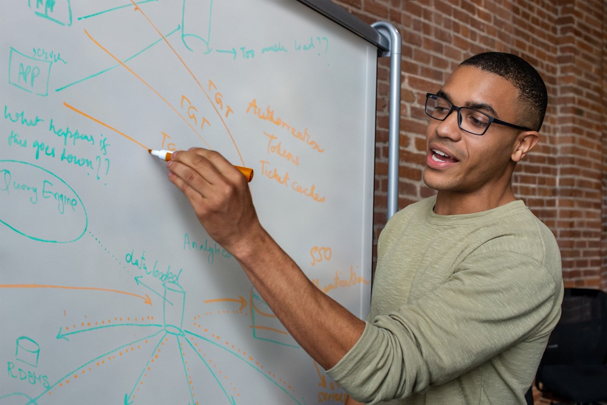 Male developer writes on white board during team stand up meeting