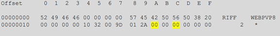 Screenshot of 32-byte hardcoded RIFF/WebP header bytes