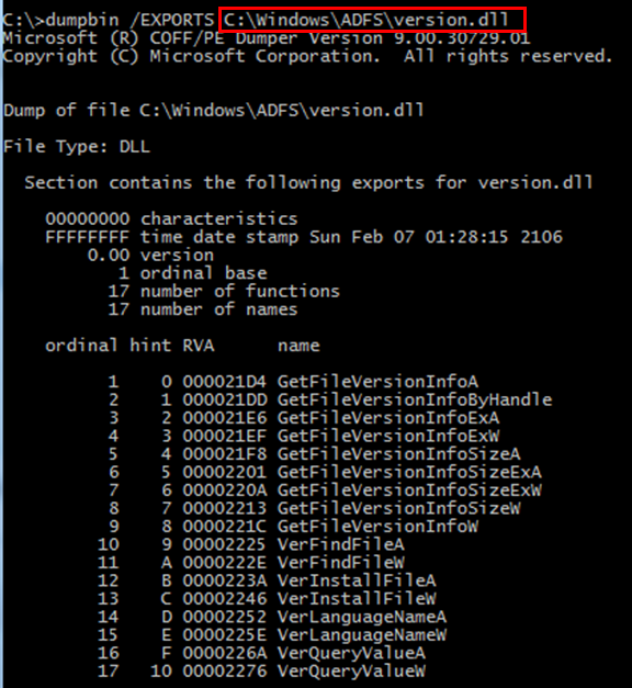 Screenshot of dump of the legitimate version.dll 