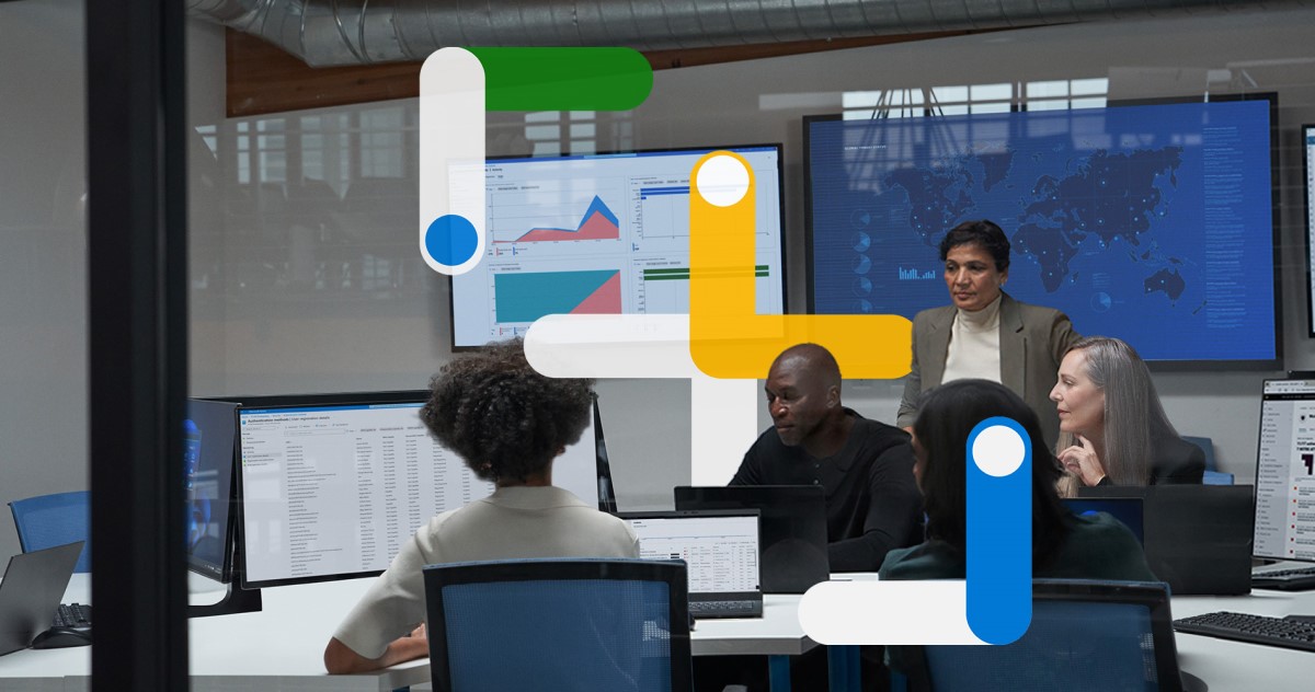 Cybersecurity professionals collaborating in S O C with colorful line art overlaid