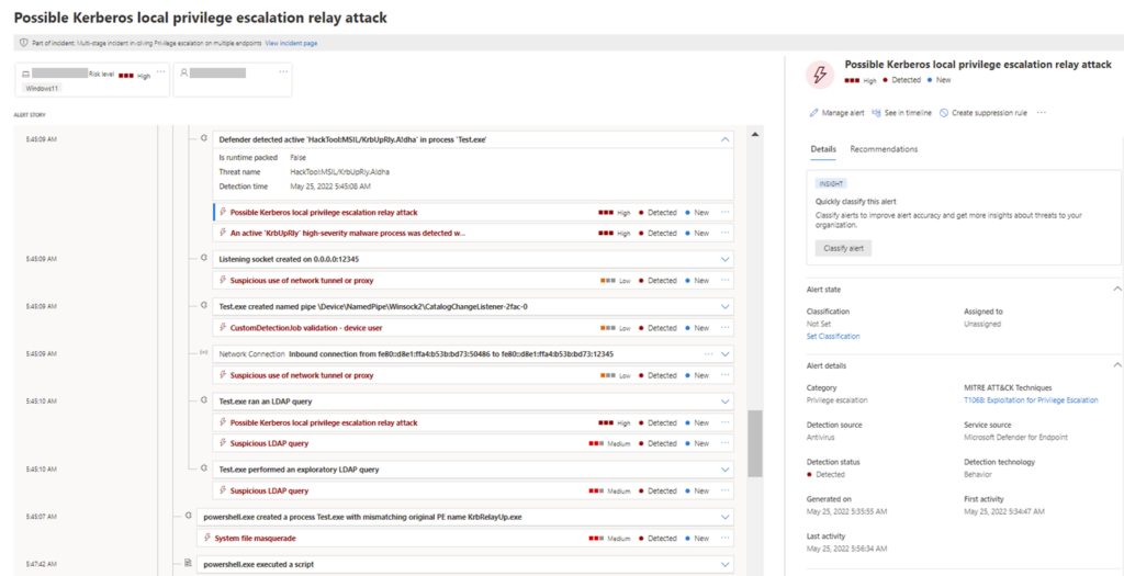 This image displays an alert in Microsoft Defender for Endpoint titled "Possible Kerberos local privilege escalation relay attack." The alert story displays a detailed timeline of the various detections, including "Defender detected active 'HackTool:MSIL/KrbUpRly.A!dha' in process 'Test.exe'". Under the detection includes detailed insight into the alert "Possible Kerberos local privilege escalation relay attack", such as the alert state, MITRE ATT&CK Techniques, detection information, last activity, and more.