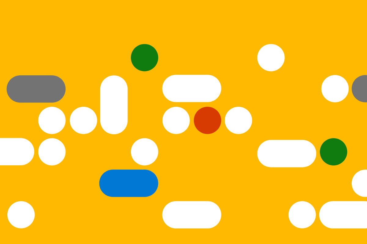 Digital art with yellow background and white, blue, green, red, and grey bars and dots displayed at random