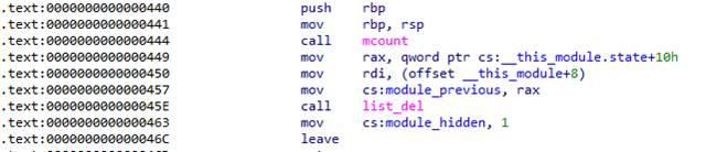 Code screenshot of the rootkit's ability to list loaded modules and remove itself and the XorDdos malware from the list.