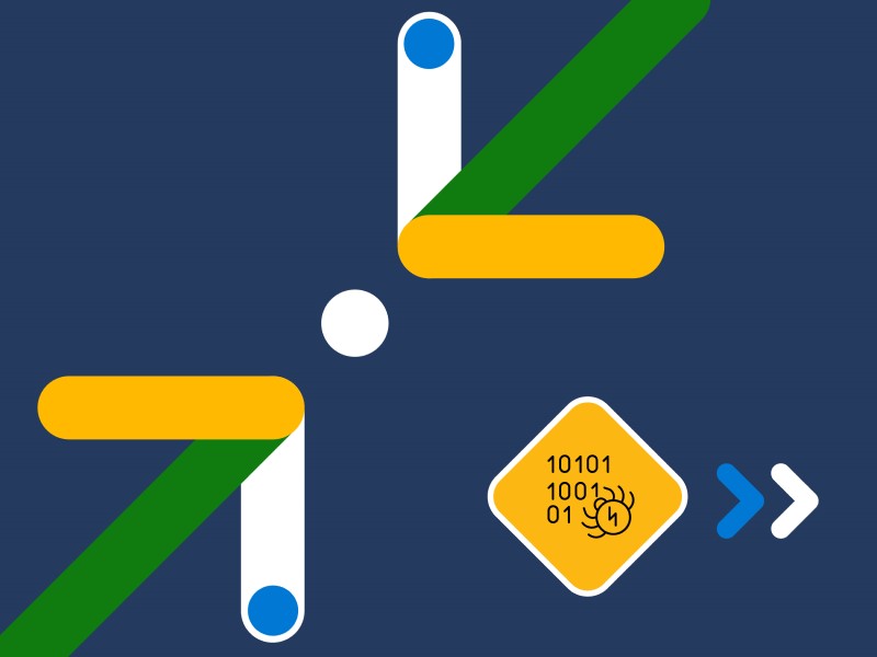 Multicolor arrows pointing towards a center dot, with a yellow diamond filled with 1&rsquo;s and 0&rsquo;s and a bug crawling towards it to suggest malware