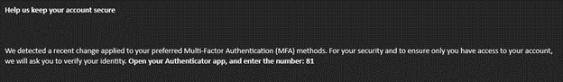 Screenshot of a Microsoft Teams prompt with an MFA code and instructions
