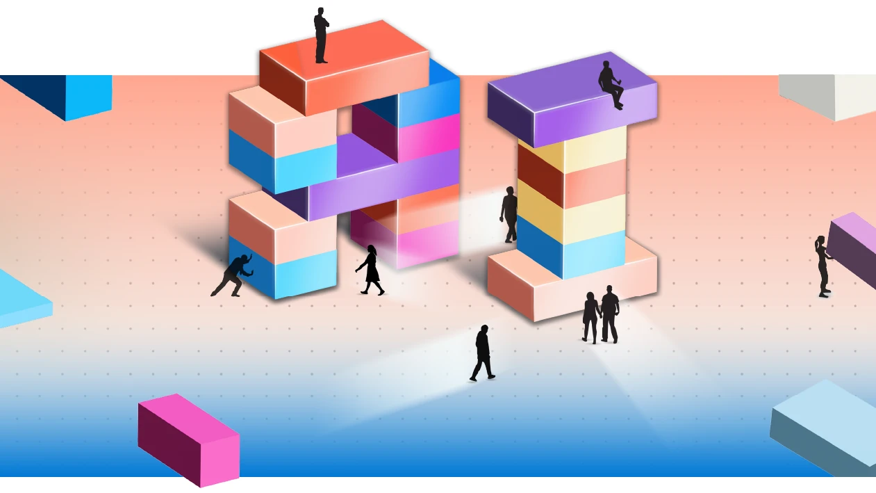 A graphic of people stacking building blocks to spell out AI