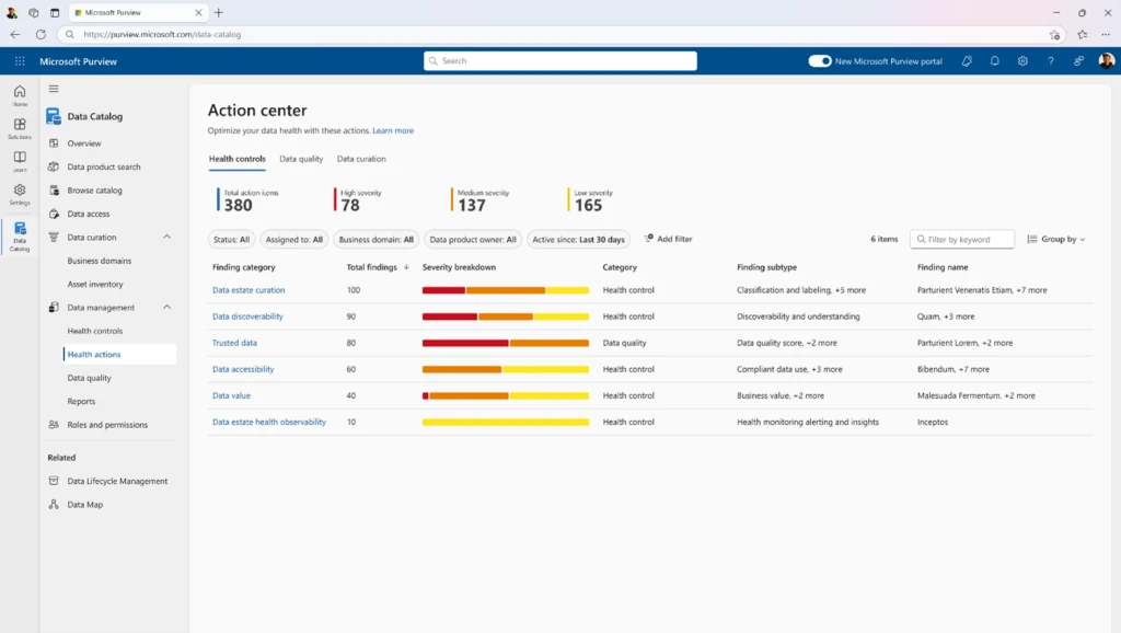 Screenshots showing the action center in Microsoft Purview Data Governance.