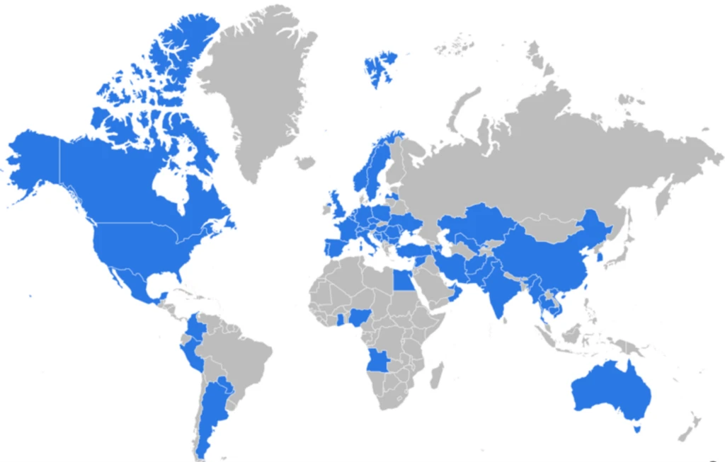 Map showing the geographical spread of the Seashell Blizzard initial access subgroup targets