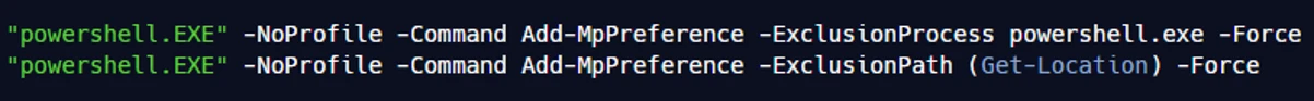 Screenshot of the command line used for exclusions