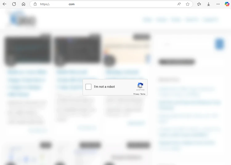 Screenshot of a fake CAPTCHA on a compromised website stating "I'm not a robot" with a box for users to check